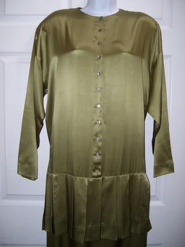 Nicole Miller Silk Dress Pleated Flapper Style Dress Olive Green Women's Large - Picture 7 of 12