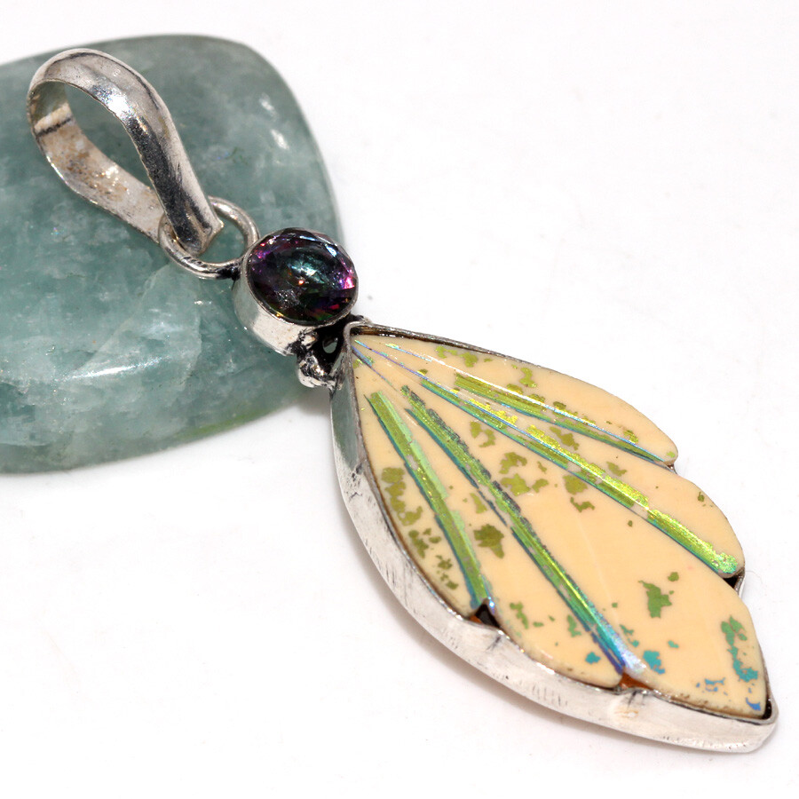 Carved Titanium Leaf Mystic Topaz 925 Silver Plated Long Pendant 2