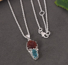 Dual Raw Stone Pendent 925 Silver Necklace Garnet & Apatite Healing Gift Jewelry
