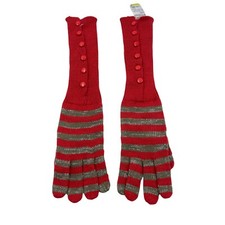 MEXX Red Grey Striped Long Acrylic Knit Gloves One Size