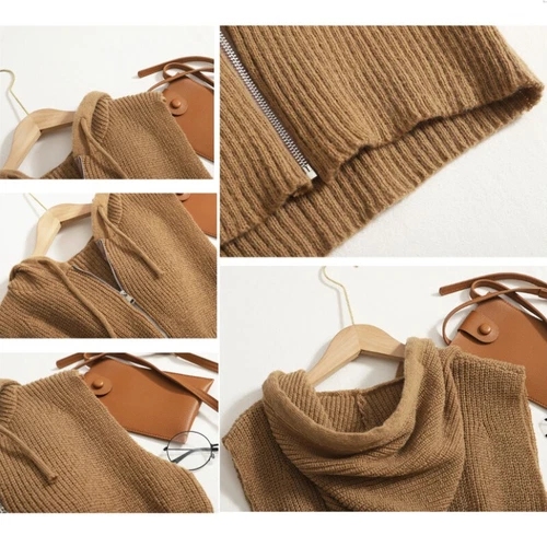 Women Knitted Waistcoat Gilet Zipper Crop Cardigan Hooded Vest Top Hooded Casual - Picture 7 of 19