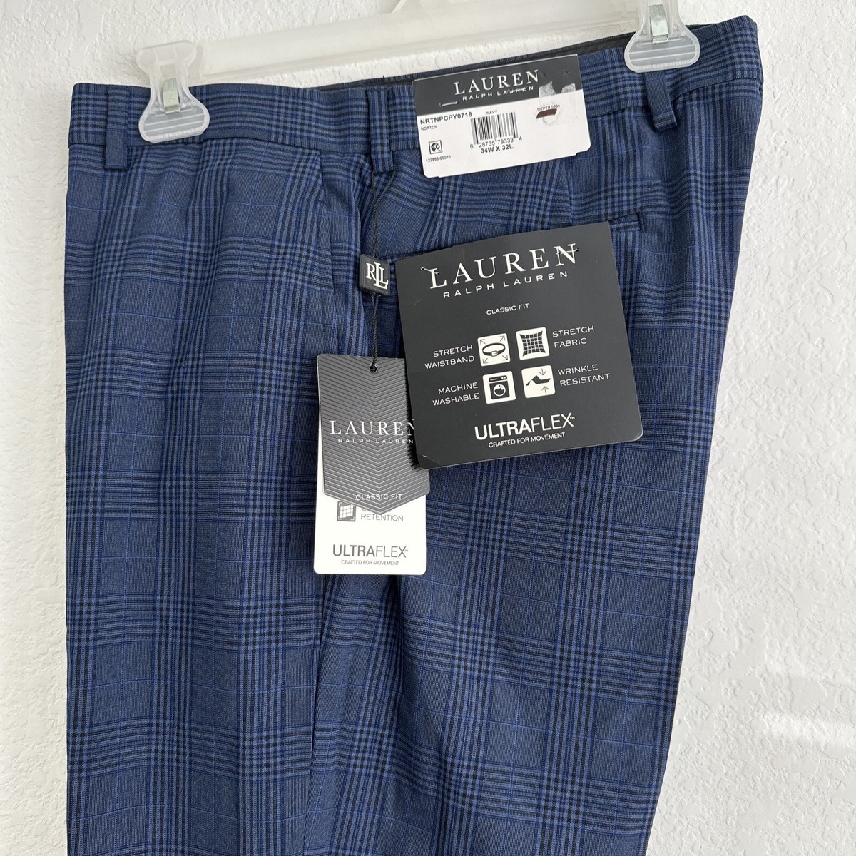 lauren by ralph lauren norton classic fit stretch dress pants Lauren Ralph Lauren Norton Classic Fit Stretch Plaid Dress Pants 34x32  -Navy-