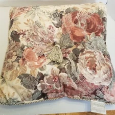 Croscill Cotswold Square Decorative Pillow Pink Green Gold Tassels 16" x 16" EUC