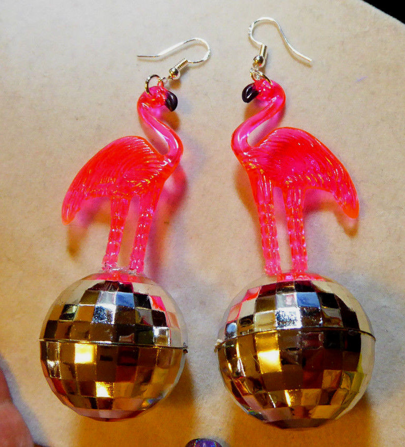 BIG PINK FLAMINGO & 70s and 80s  EARRINGS SILVER DISCO BALL LUAU PARTY USA