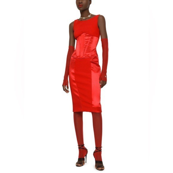 Dolce & Gabbana Satin and Cady Calf Length Bodice Mixed Media Pencil Sheath Dres image 2