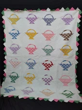 vintage hand Quilting patchwork basket Quilt needlework Stitched A86