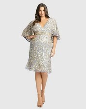 Mac Duggal Platinum Sequin Bead Embellished Cape Midi Dress Size 18 $398