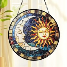Sun  Moon Stained Glass SunCatcher, Sun and Moon with Faces Light Catcher