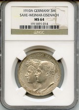 1910-A GERMANY SAXE-WEIMAR-EISENACH 3 MARK "DUKE'S MARRIAGE" NGC-MS-64-BU.