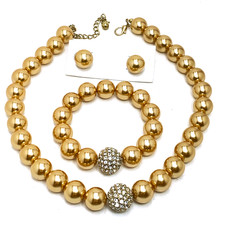 Gold Bead Necklace 3 Pc Set Faux Pearl Rhinestone Accent Bracelet Stud Earrings