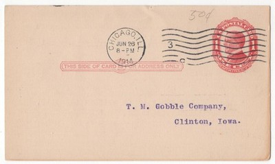 1914 John H. Leslie & Co. Chicago IL to TM Gobble Clinton IA Postal Card
