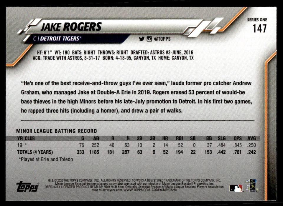 2020 Topps Jake Rogers #147 Rookie Detroit Tigers - Image 2 of 2