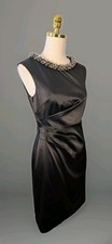 Eliza J 4-6 Black Satin Embellished Neckline Sleeveless Side Ruch Sheath Dress