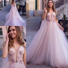 3D Flowers Appliques Lace Tulle Princess Wedding Dress A Line Plunging V Neck