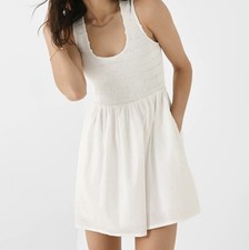 Faithfull the Brand Epoca Mini Smocked Bodice Gathered Skirt White Dress Pockets