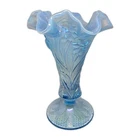 Vintage Fenton Carnival Glass Light Blue Opalescent Daffodils Ruffled Vase 7.5"