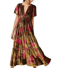 Anthropologie Somerset Dress Size S Velvet Floral Maxi Dress Olive Pink Smocked