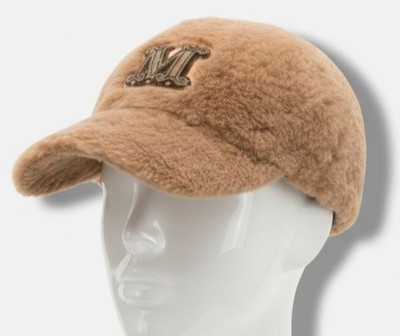 Max Mara Women's Brown Wool Faux Fur Logo Embroidered Edit Hat Size 57cm