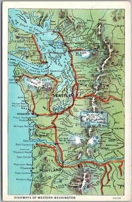 Vintage Washington State Map Postcard ''Highways of Western Washington'' Curteich