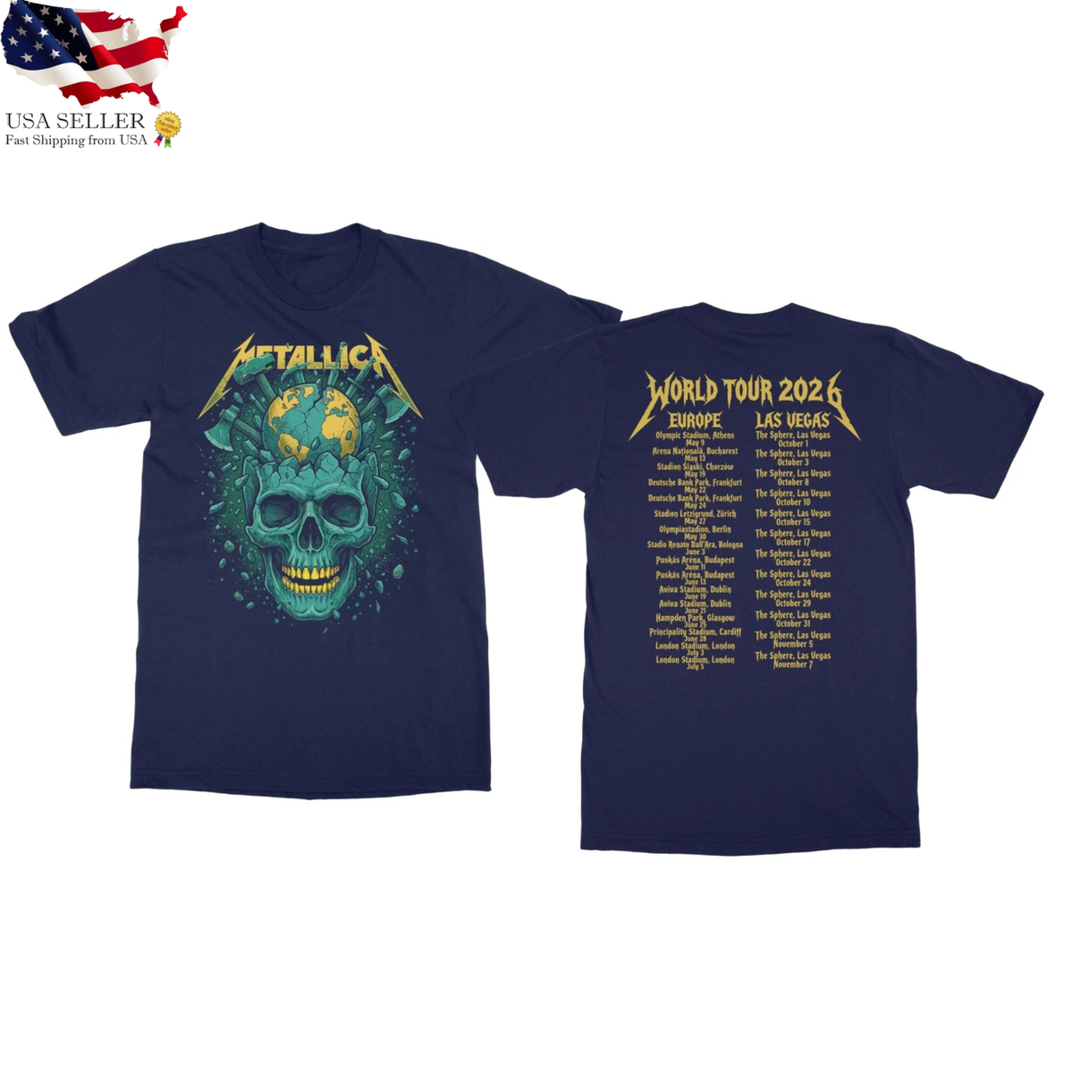 Metallica Tour 2026 Shirt Double Sided Europe Vegas Concert Band