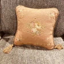 Vtg Aubusson Style Pillow Needlepoint French Country Floral Rose Garland Tassels