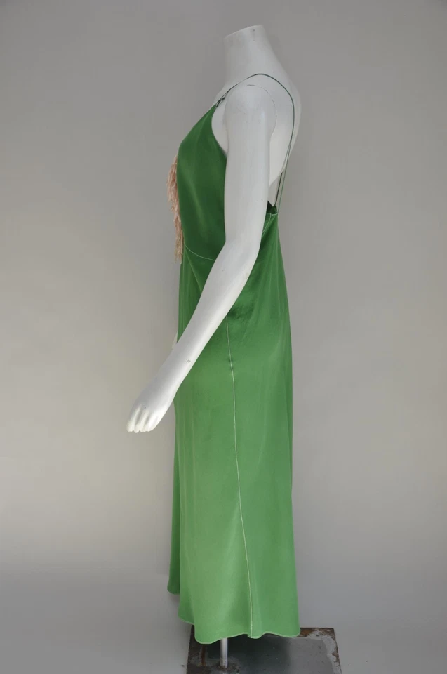 Vestido sin mangas vintage de seda verde manzana de los años 30 apliques de flecos rosa M/L Foto 4 de 4