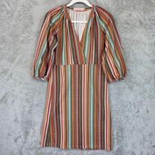 Traffic People Dress Womens XS Multicolor Stripe V Neck Balloon Sleeve Midi