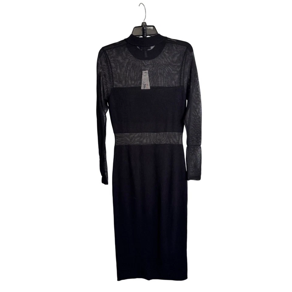 Vestido midi negro manga larga malla transparente cuello falso Aqua - Para mujer Foto 3 de 4