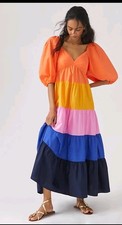 Anthropologie Farm Rio Colorblock Maxi Dress Balloon Sleeve Tiered Size XS 