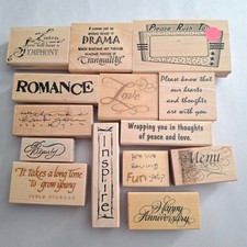 Lot of 14 Vintage Wood Mounted Rubber Stamps Mixed Quotes Romance Inspire Fun
