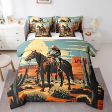 7 Piece Western Bedding Sets,Wild West Cowboy Horse Queen Blue Black Orange