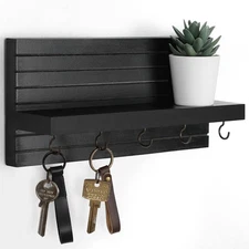 Decorative Key Holder for Wall with Shelf, Entryway Shelf Hooks Black 