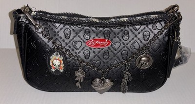 Ed Hardy Baguette w/ Charms Shoulder Bag Purse Black Skulls Hearts Rose