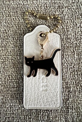 Genuine Coach 2.25  Chalk Leather HangTag Fob Gold Black Kitty Cat Charm New