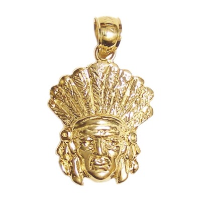 New 14k Yellow Gold Native American Indian Chief Pendant