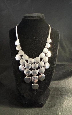 Express Statement Necklace Chrome Silver Tone Flat Disc Cascading Bib 18''