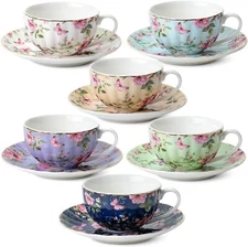 Tea Cups and Saucers, 7 oz,Tea Cups Set of 6, Porcelain Tea Cups,Cup Saucer Sets