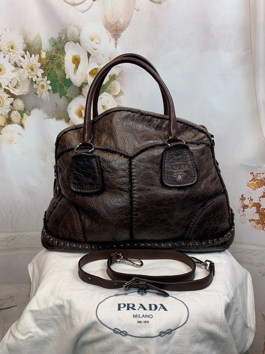 Prada Montone Studded Bag Chocolate Distressed Leather 100 Authentic MSRP 3995