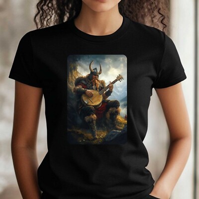 Women Viking Plays Banjo Theme Cotton T-Shirt Size XS to 3XL