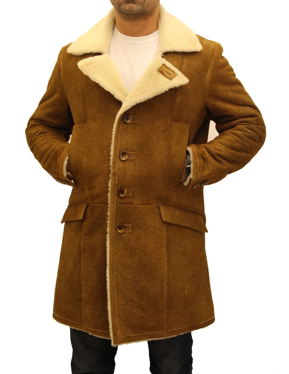 Mens Brown Tan Shearling Sheepskin Wool Casual Classic Winter Long Trench Coat