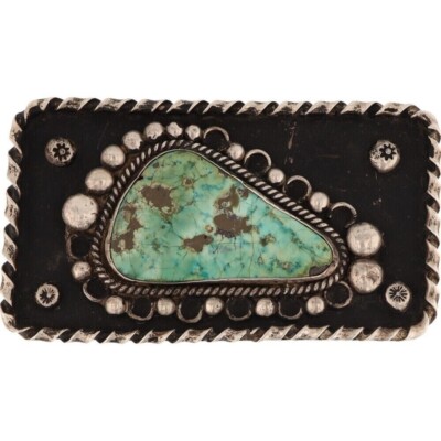 VTG Native American Navajo Sterling Silver Turquoise Belt Buckle Leather Belt Vintage Turquoise Sandcast Silver Belt Buckle by Navajo  main image 2