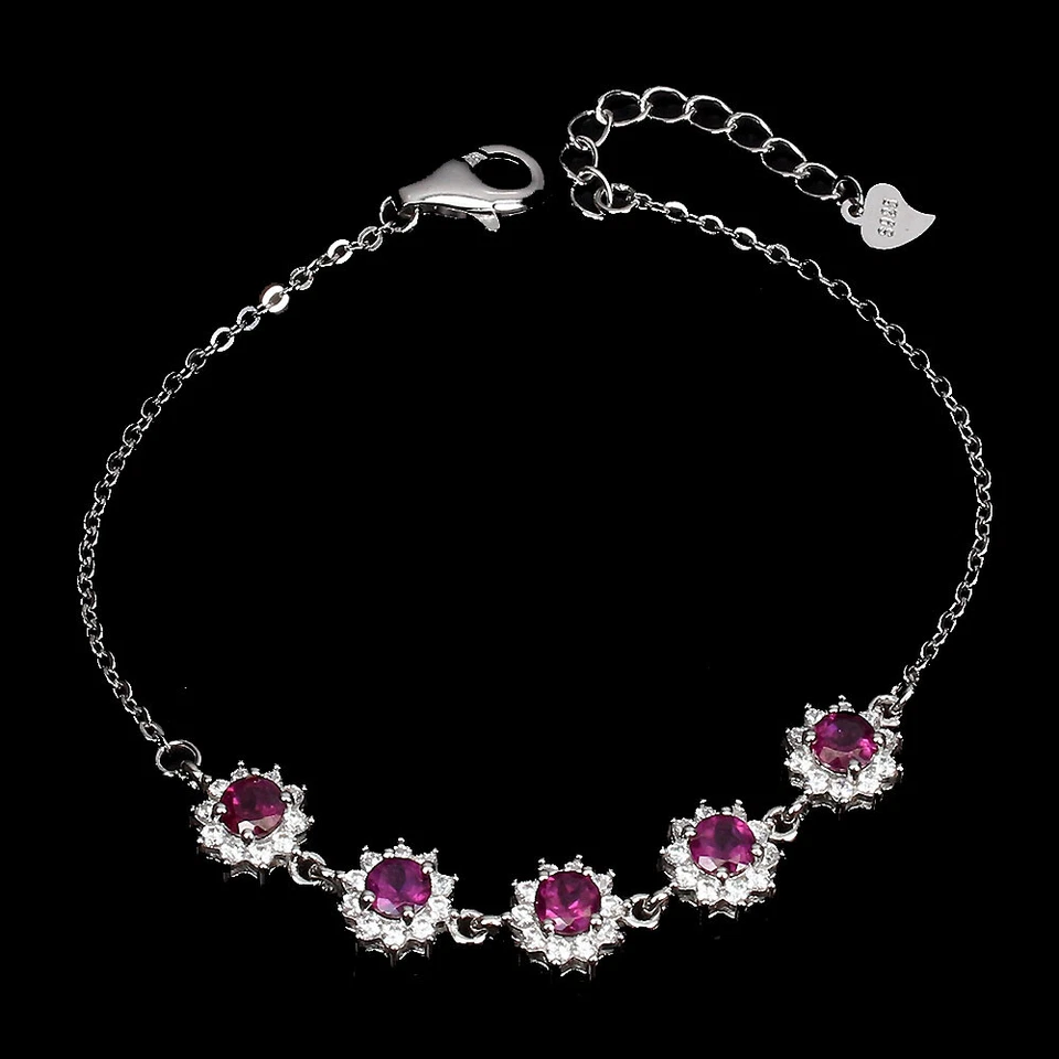 925 Sterlingsilber Runde Rhodolith 4mm Simulierte CZ Armband 7 Zoll - Bild 2 von 4