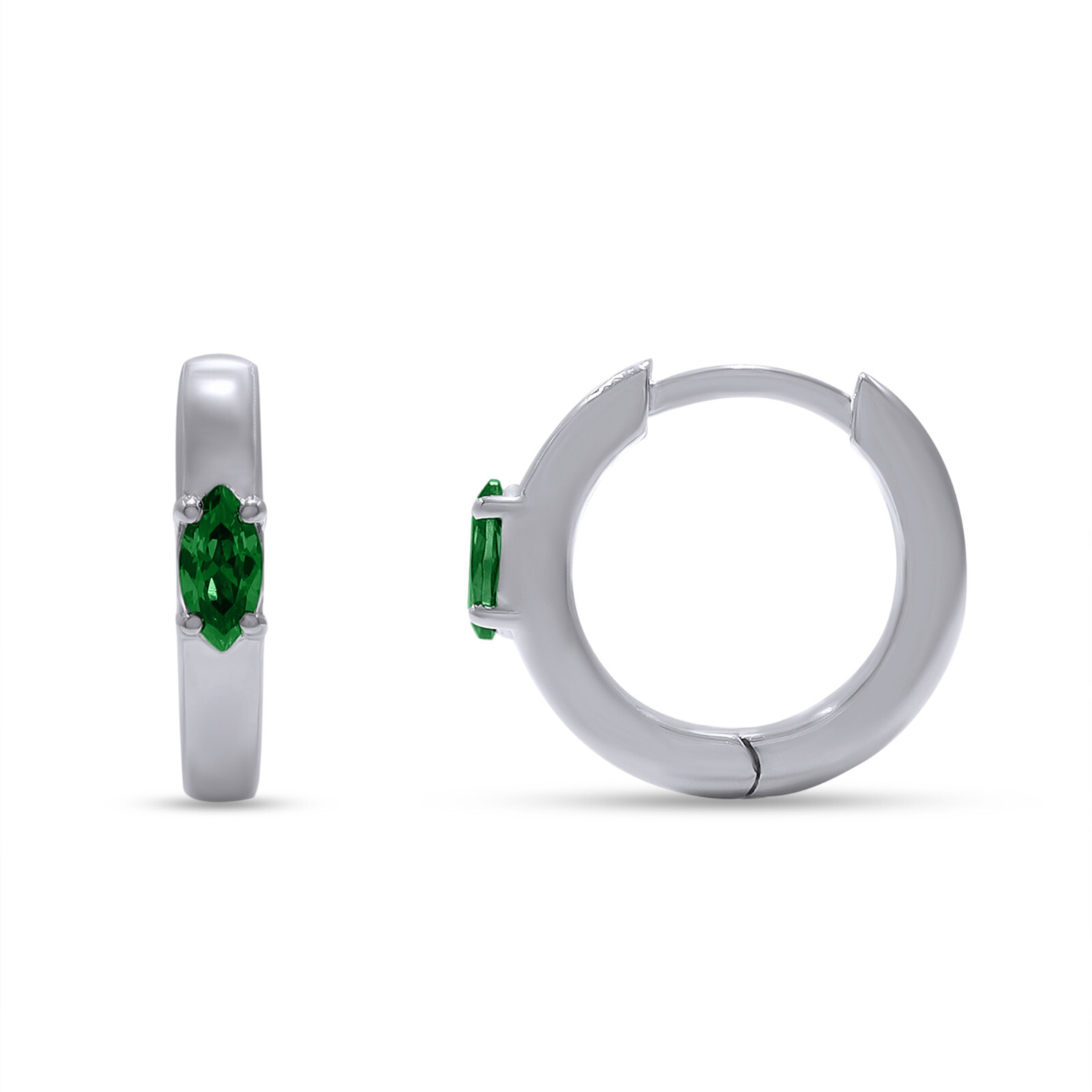 Sterling Silver Hinged Hoop Earrings with Prong-Set Simulated Emerald Pear Gemstone-image