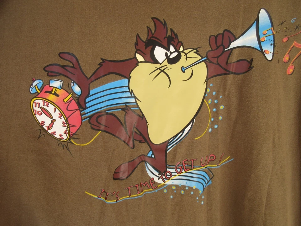 T-shirt LOONEY TUNES TAZ vintage kaki IT'S TIME TO GET UP ancien coton XL - Photo 2/4