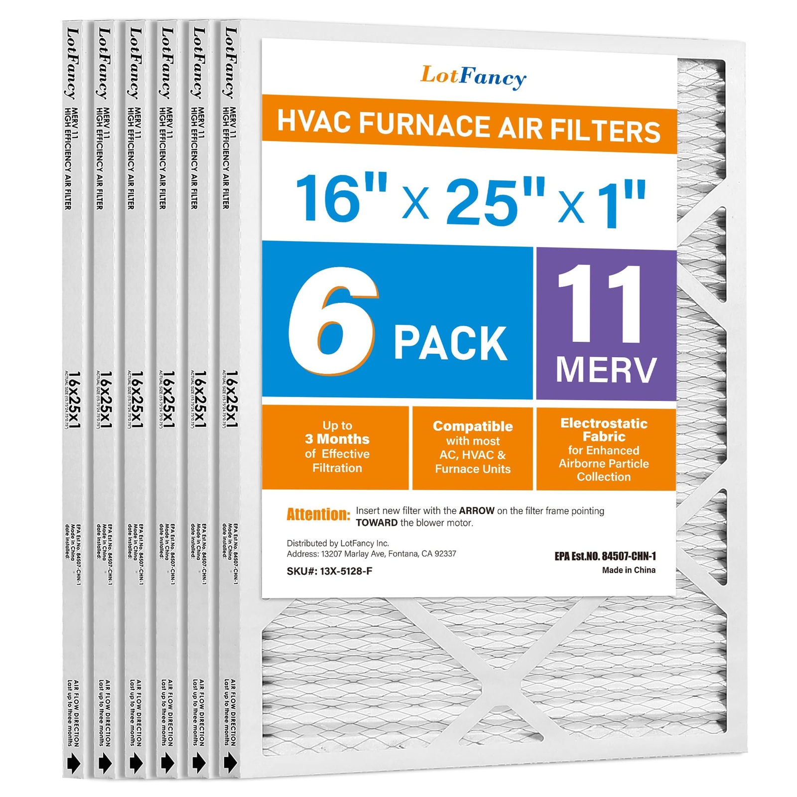 16x25x1 , 11 HVAC Air Filters, 6 Pack Pleated Air Conditioner AC Filters (Act...