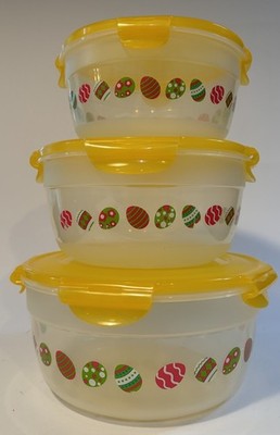 Lock N Lock 3-Pc Nesting Easter Eggs Printed Canisters / Bowls Yellow Lids-READ