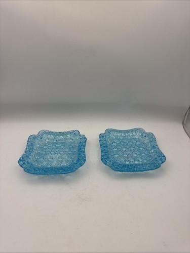 Pair Vintage L.G. Wright Daisy & Button Blue Glass Ashtrays 5.75