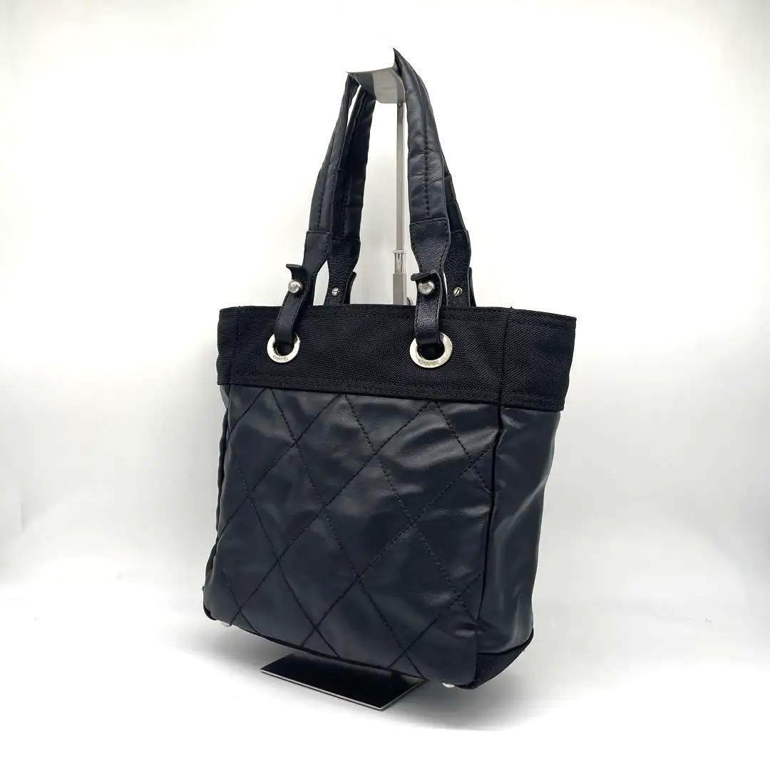 Chanel Paris Biarritz PM Tote Bag Black Quilted Nylon Shoulder Bag 