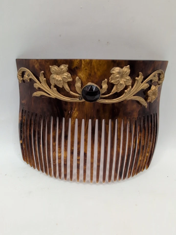 Викторианская большая расческа со стразами черепаховый панцирь с латунными акцентами 4 дюйма - Изображение 2 из 4