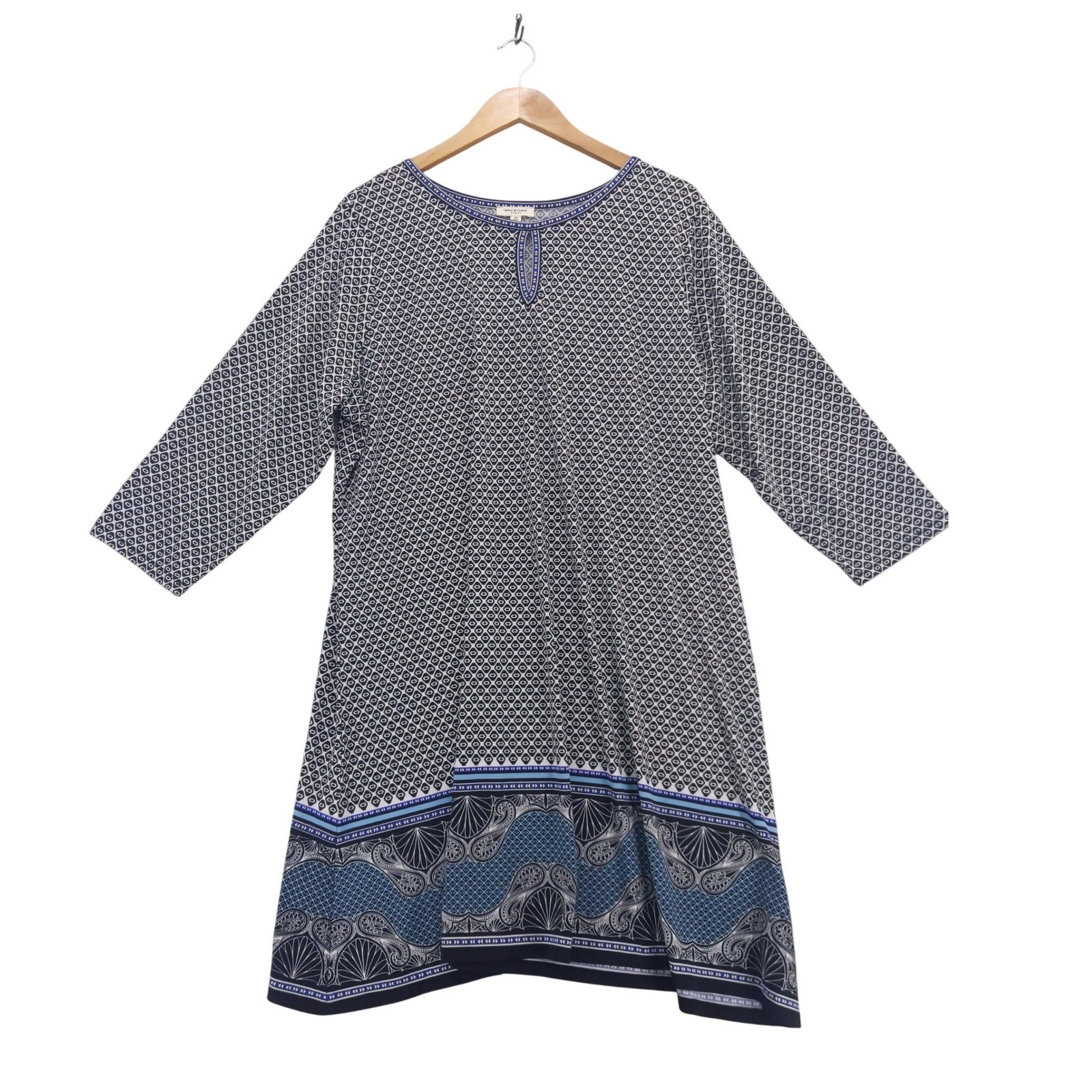 Max Studio Tunic Dress Women 2X Blue Geometric Keyhole 3/4 Sleeve Border Print